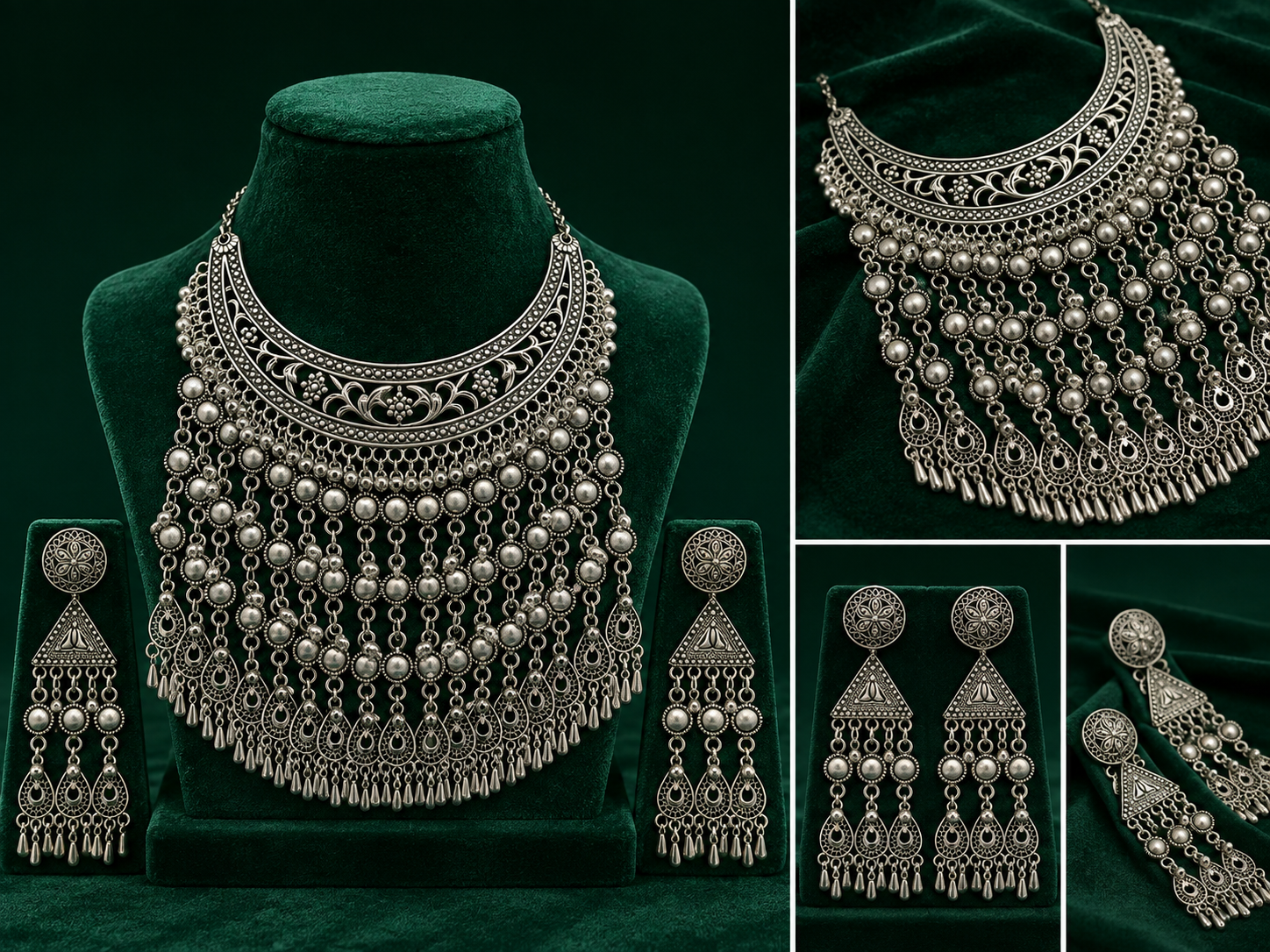 Silver-toned traditional jewelry set displayed on a dark green velvet background, including a statement necklace on a mannequin bust, matching drop earrings, and close-up inset views of the necklace and earrings.