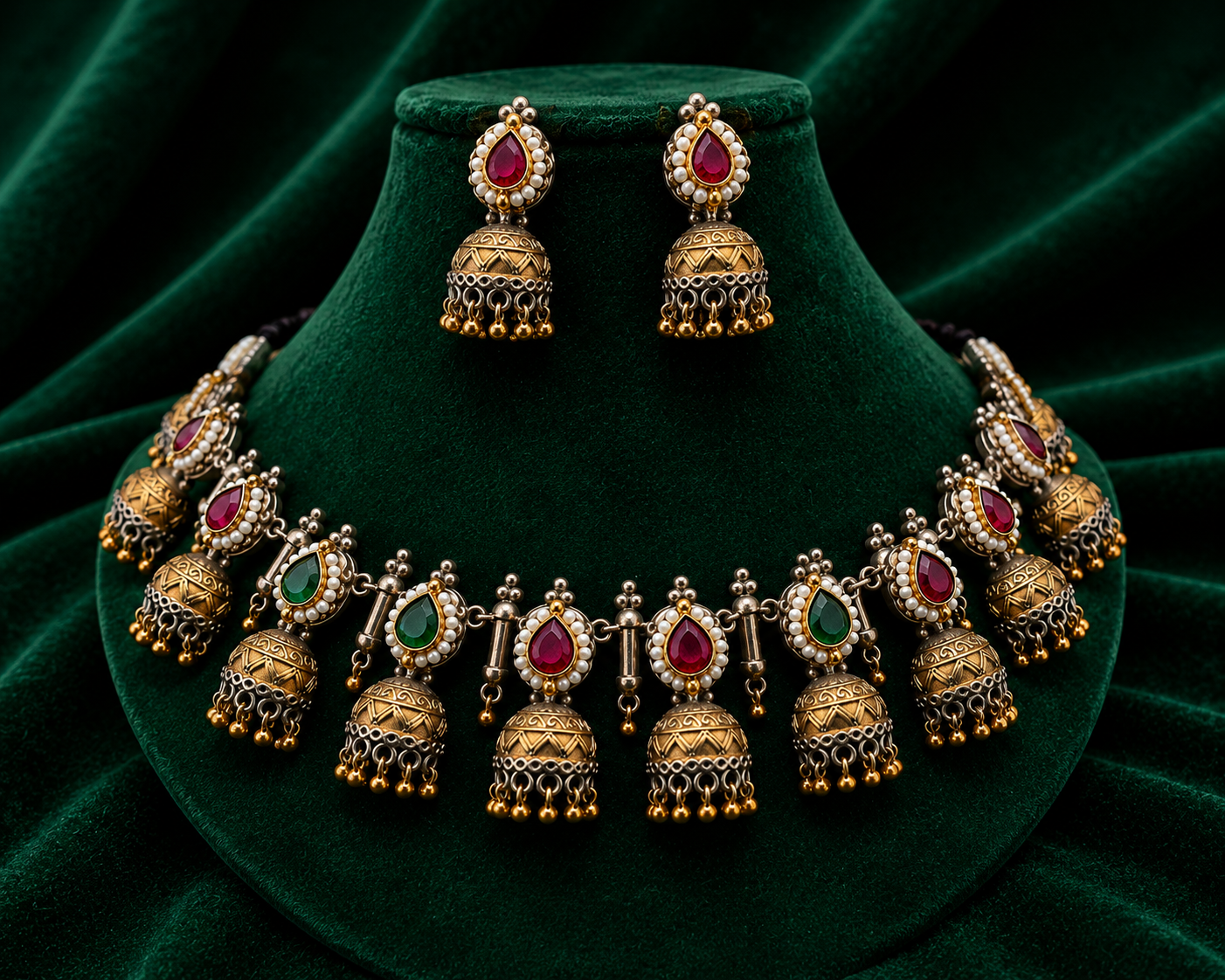 Gold-toned traditional jewelry set featuring a necklace and matching earrings displayed on a dark green velvet stand. The jewelry has ornate bell-shaped drops with red and green stones and small white stone accents.