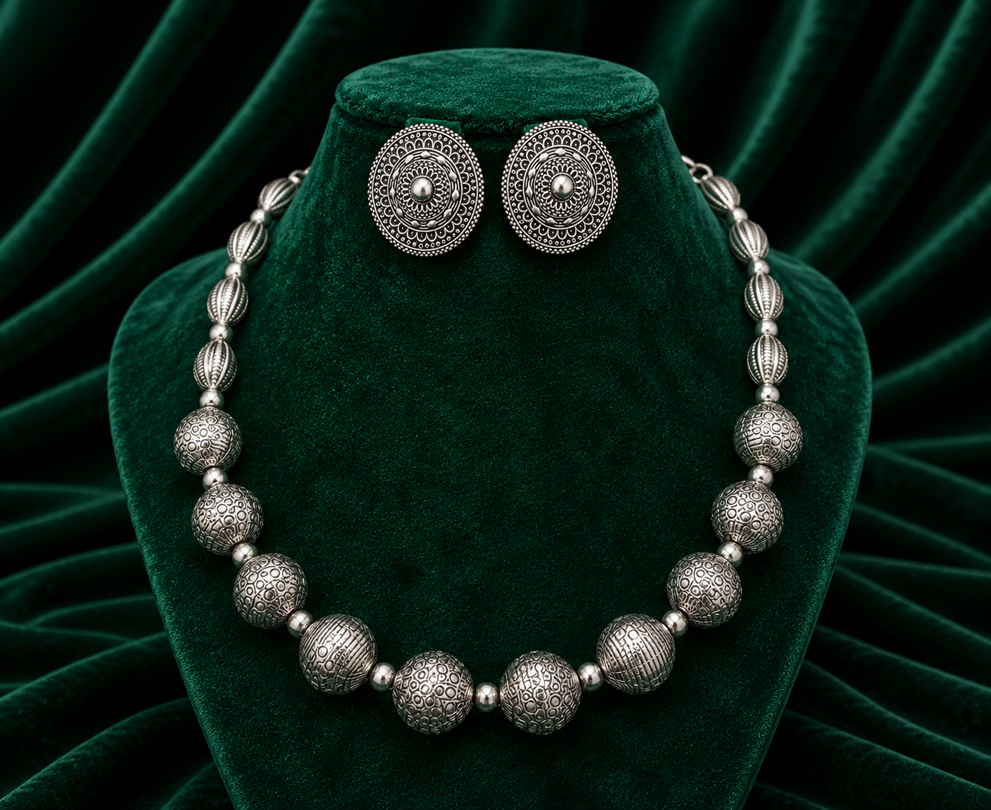 A silver-toned jewelry set featuring a beaded necklace and matching round stud earrings, displayed on a dark green velvet jewelry bust against a draped green velvet background.