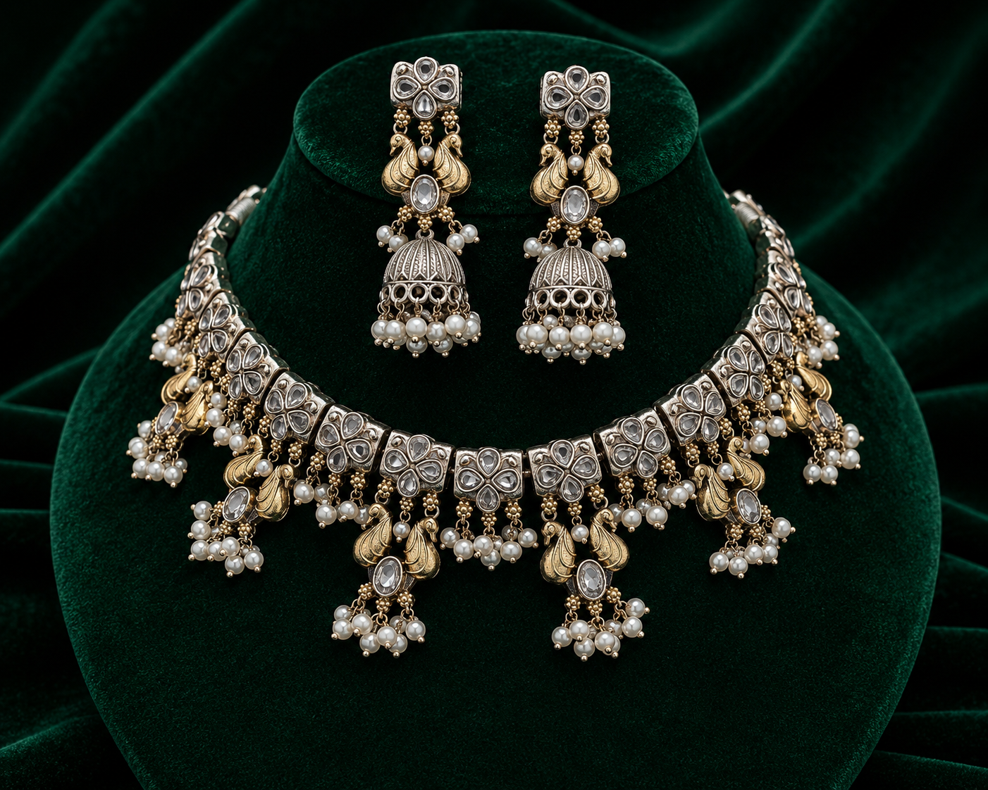 A traditional Indian jewelry set featuring a statement necklace and matching earrings, displayed on a dark green velvet stand. The jewelry is made of silver-toned metal with gold-toned accents, detailed filigree, and clusters of white faux pearls.