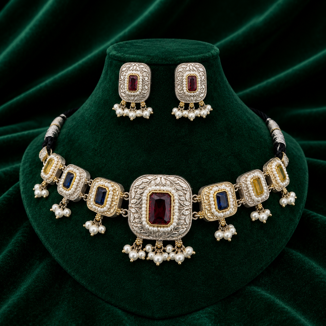 An ornate jewelry set displayed on a dark green velvet stand, featuring a silver-toned necklace with rectangular red, blue, and yellow gemstones, white pearl-like drops, and matching rectangular stud earrings.