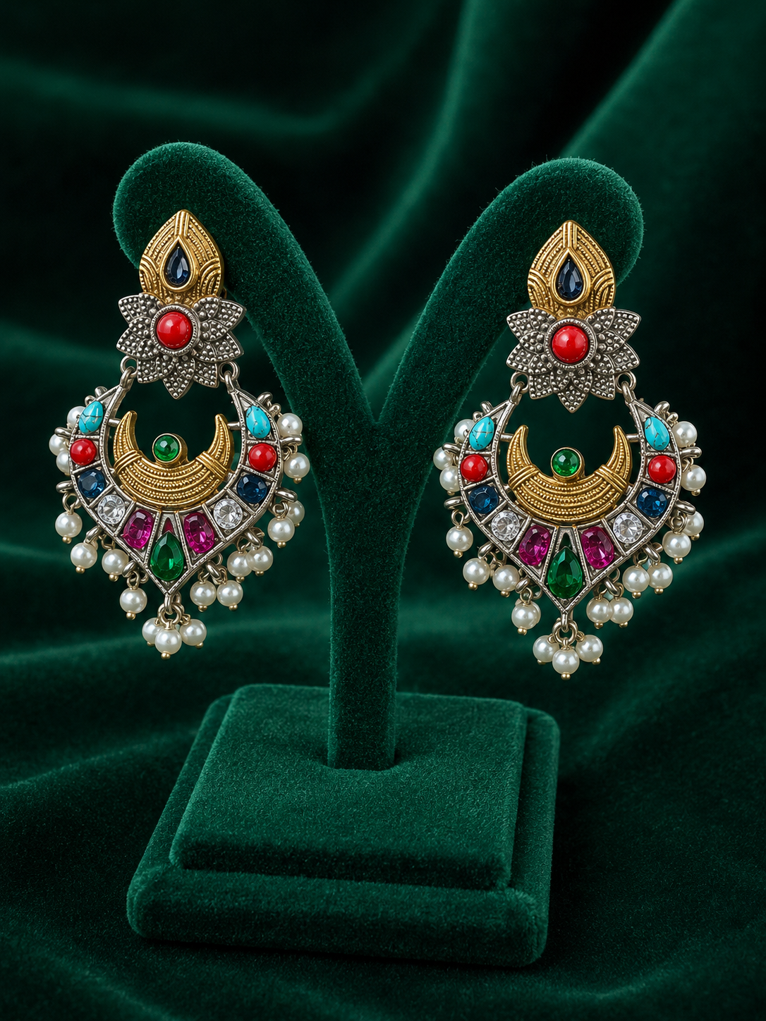 A pair of ornate gold-toned Indian chandbali earrings with colorful gemstone accents and white pearl bead drops, displayed on a dark green velvet stand.