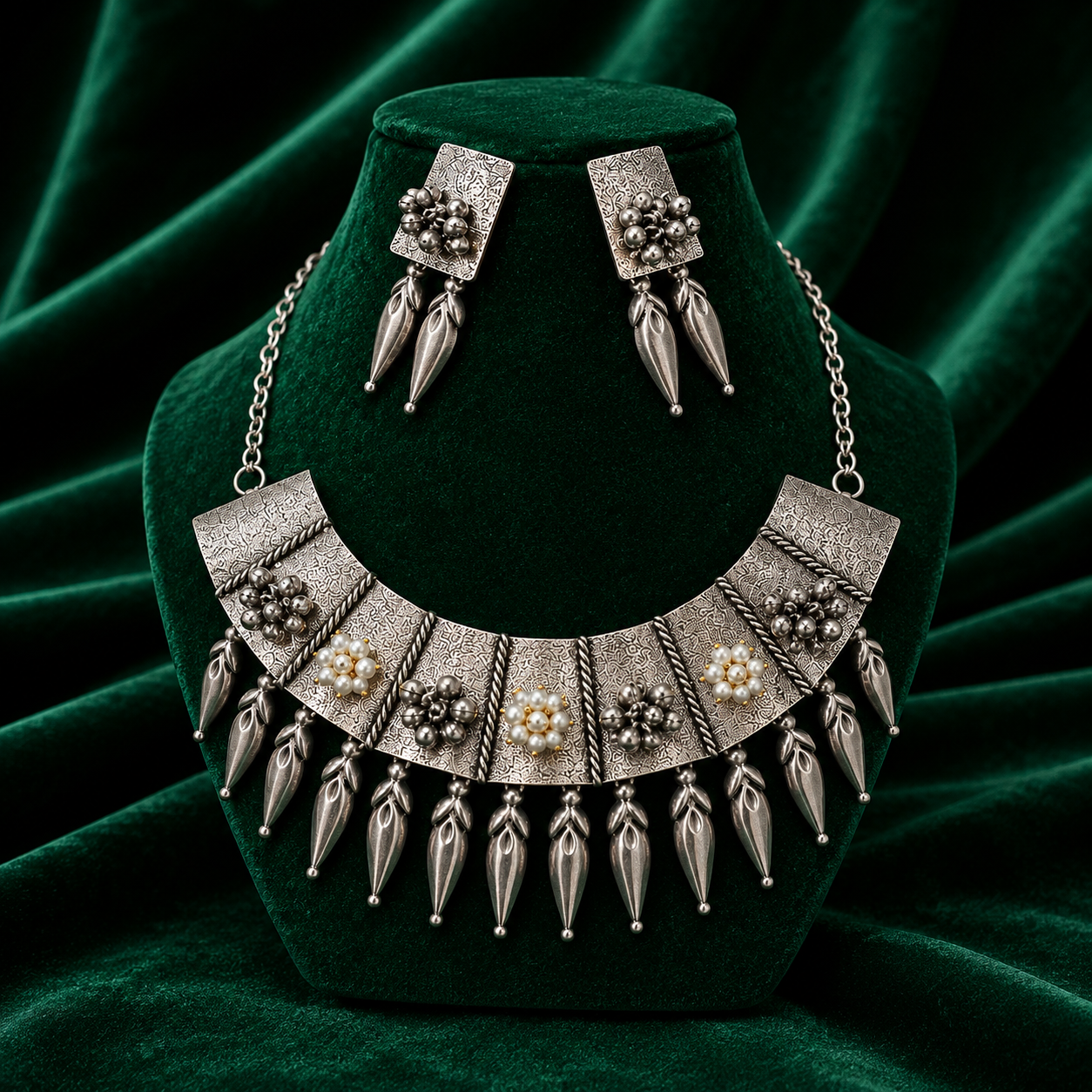An ornate silver-toned statement necklace with matching drop earrings displayed on a dark green velvet jewelry bust. The necklace features textured silver panels, dangling metallic teardrop charms, and small pearl-like floral accents.