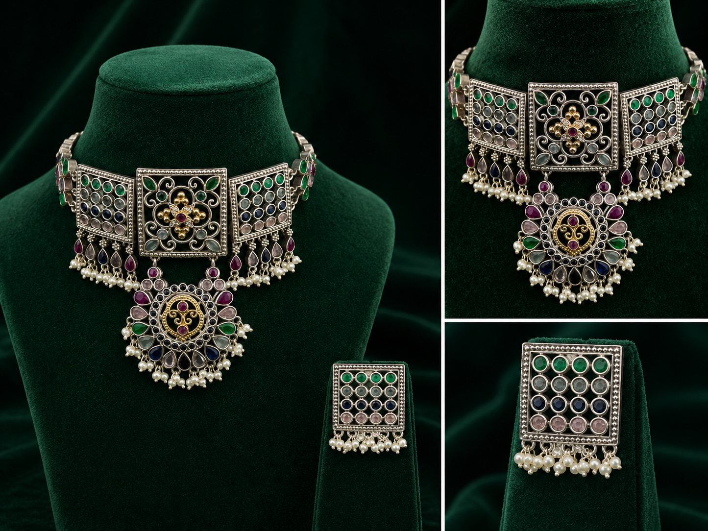An ornate Indian-style jewelry set displayed on dark green velvet mannequin busts, featuring a choker necklace and a matching rectangular pendant. The jewelry is set in silver-toned metal with intricate filigree work, green and purple stones, and small white pearl bead drops.